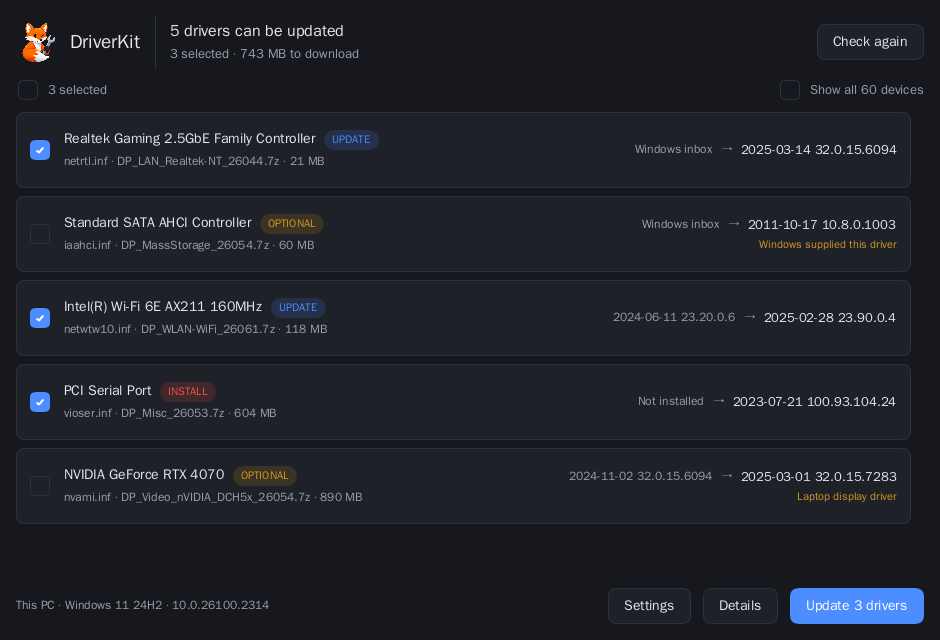 The DriverKit window listing five drivers that can be updated, each with the version installed now and the version available.