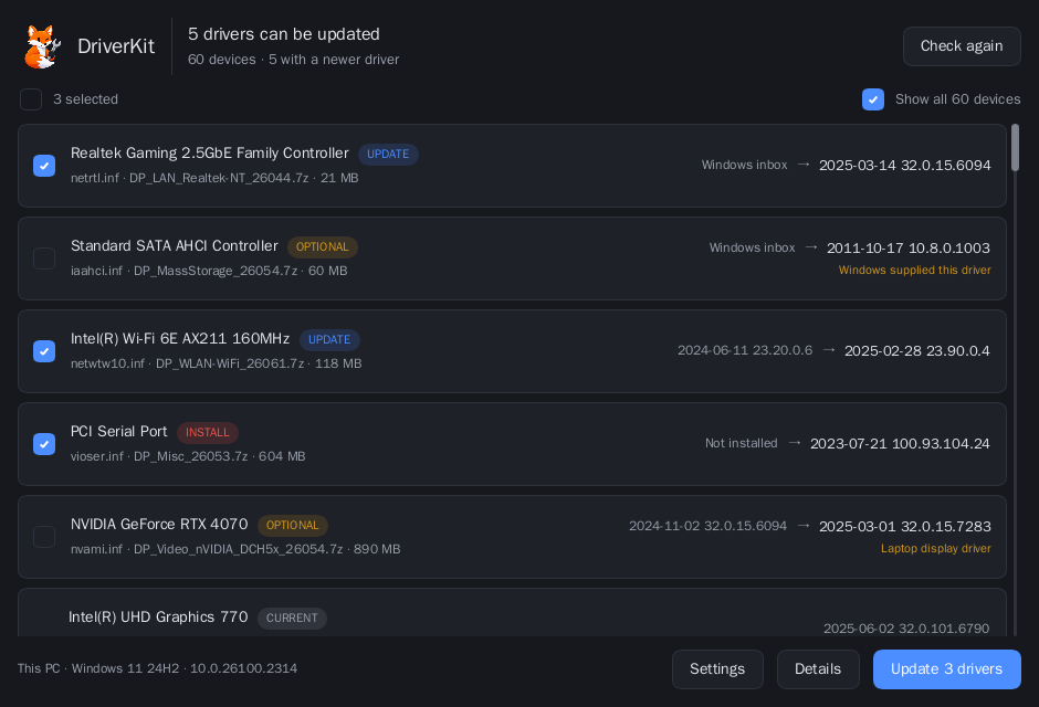 The list showing every device in the PC, including ones already on the best available driver.