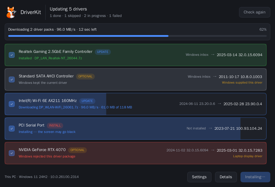 Five rows in five different states at once: installed in green, skipped in grey, downloading and installing in blue, and a failure in red.